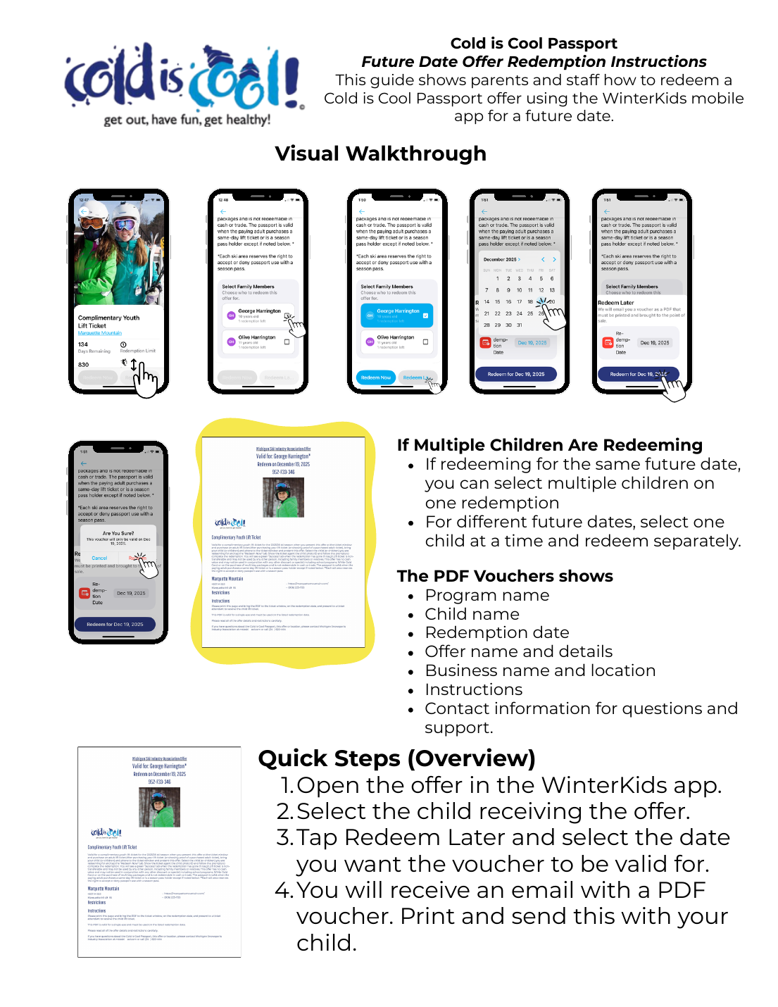 Visual walkthrough showing the Cold is Cool Redeem Later process and emailed PDF voucher